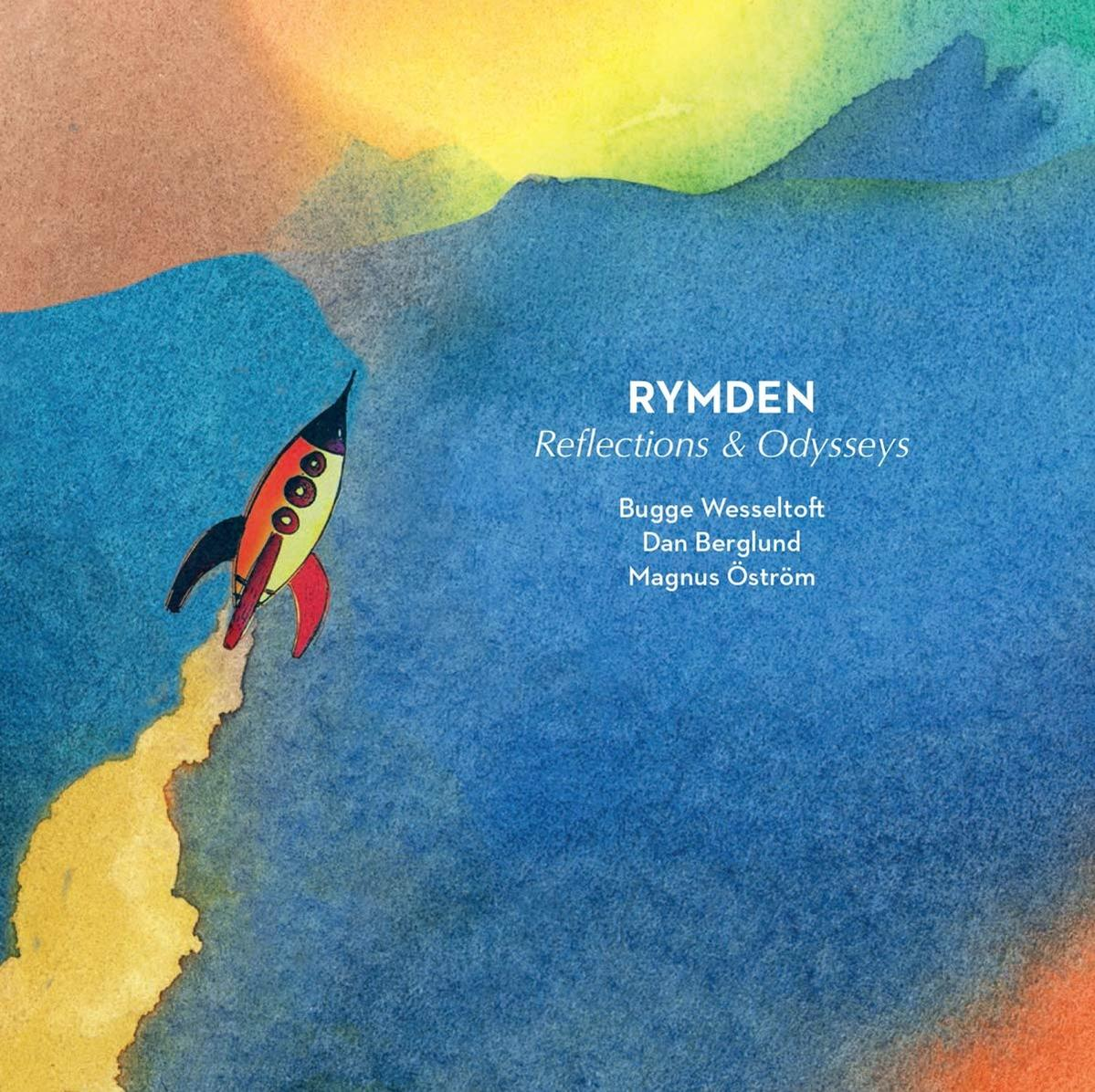 Albumcover, Rymden. Rakete, Aquarellkunst. Text: Reflections & Odysseys.