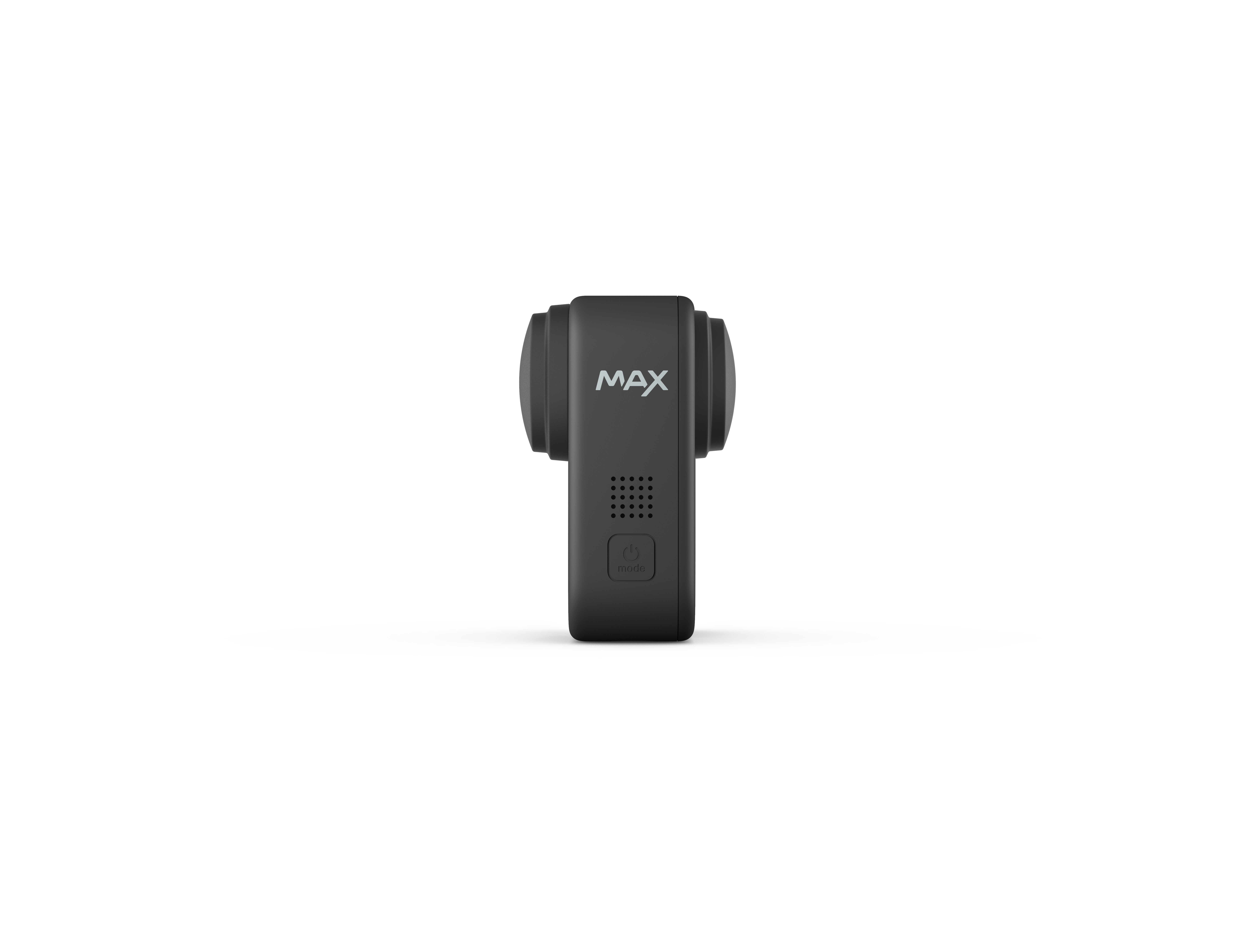 Eine schwarze GoPro MAX Kamera. Sie hat Knöpfe und eine Power/Modus-Taste auf der Vorderseite.