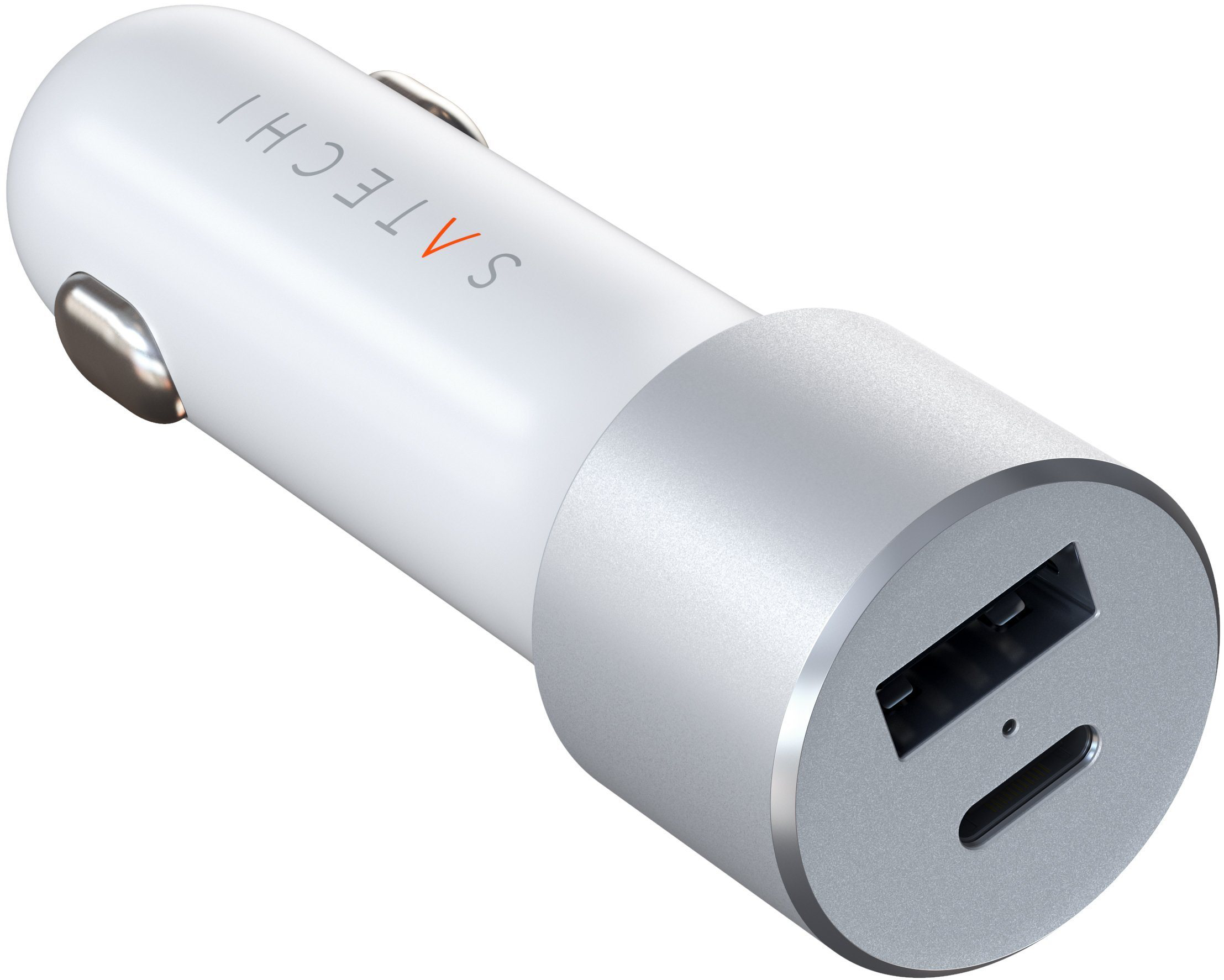 Un caricabatterie per auto bianco e argento con una porta USB e una porta USB-C.