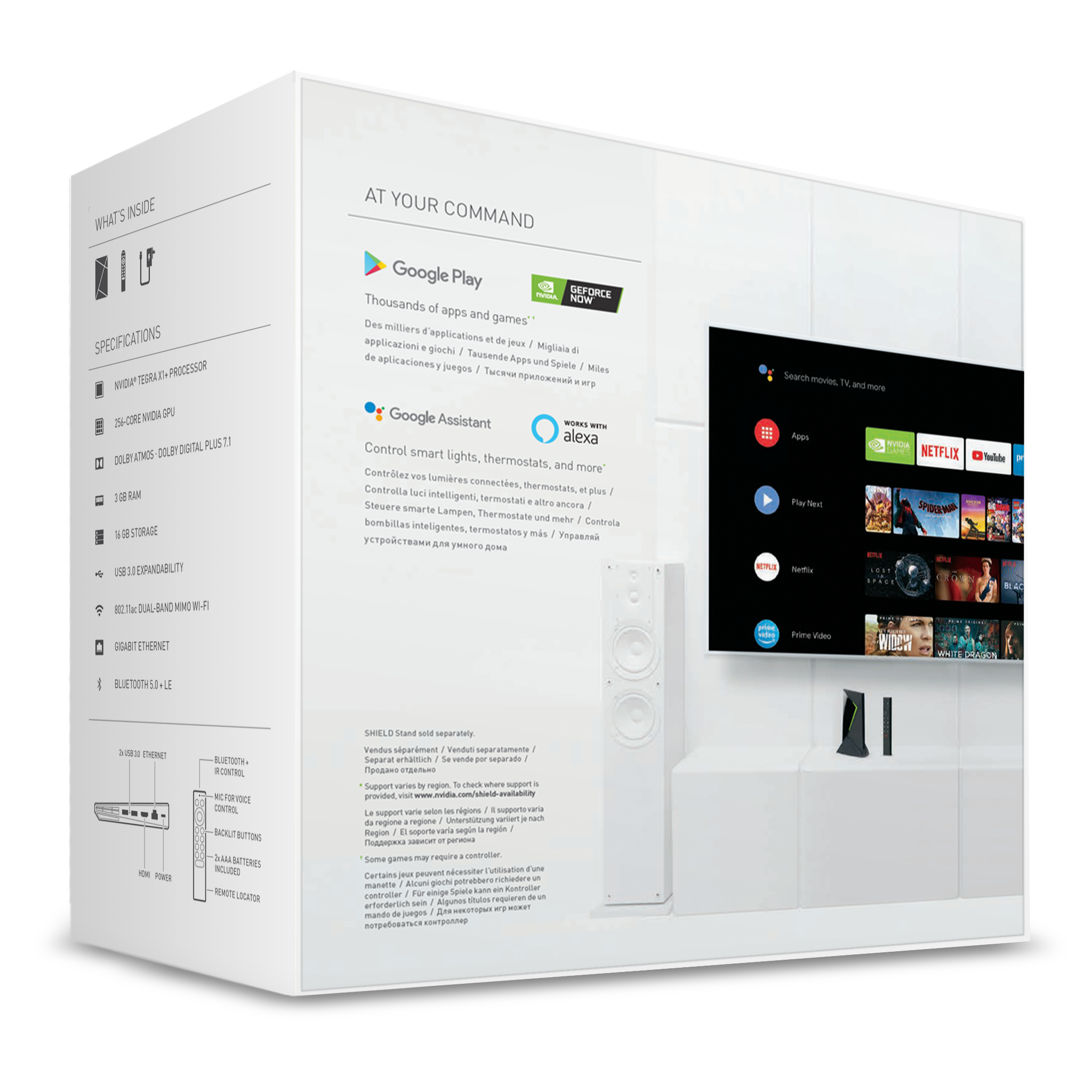 Weiße Produktbox mit einem Fernseher und Lautsprechern. Text enthält Google Play und Google Assistant Icons.