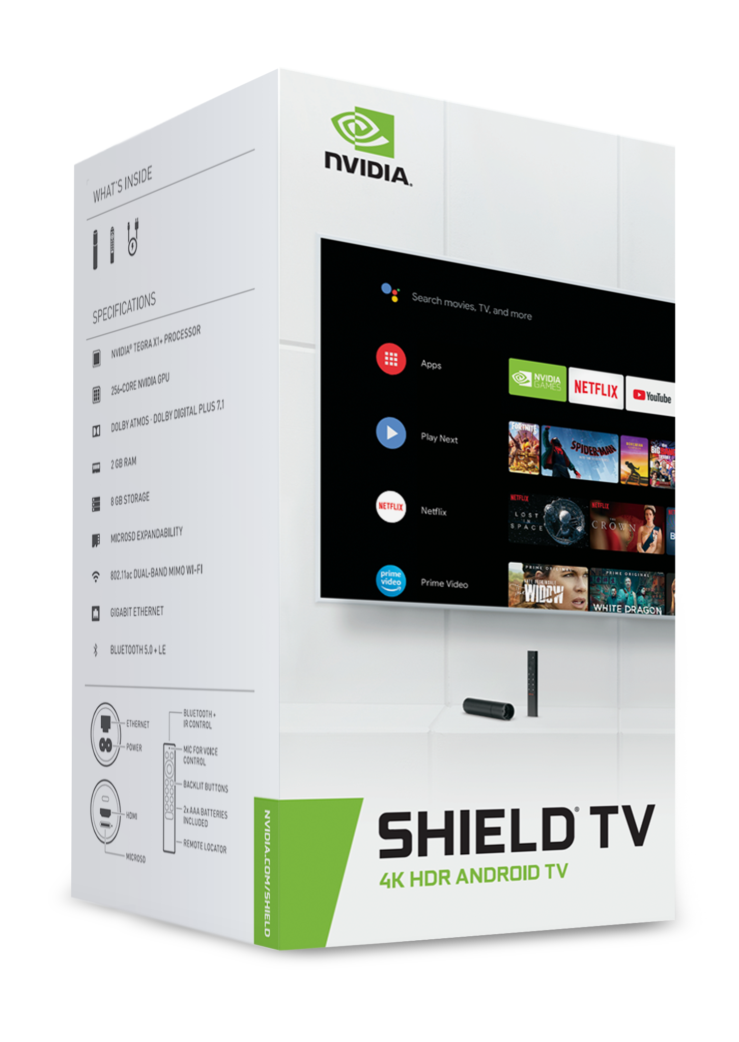 Nvidia Shield TV-Box. Produktdetails und Spezifikationen sind auf der Box abgedruckt.