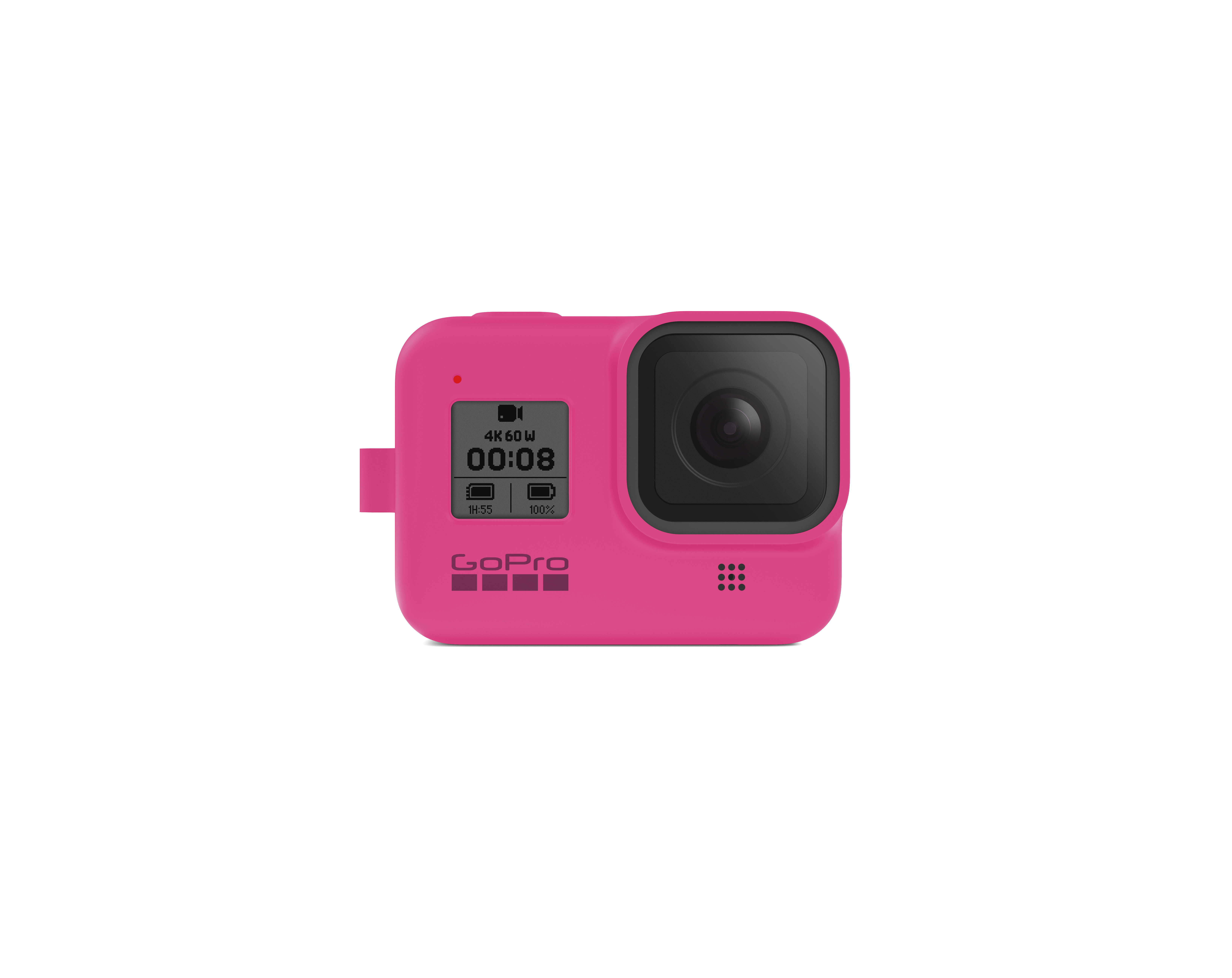 Rosa GoPro-Kamera mit Display, zeigt 00:08 Zeit und 4K 60W.