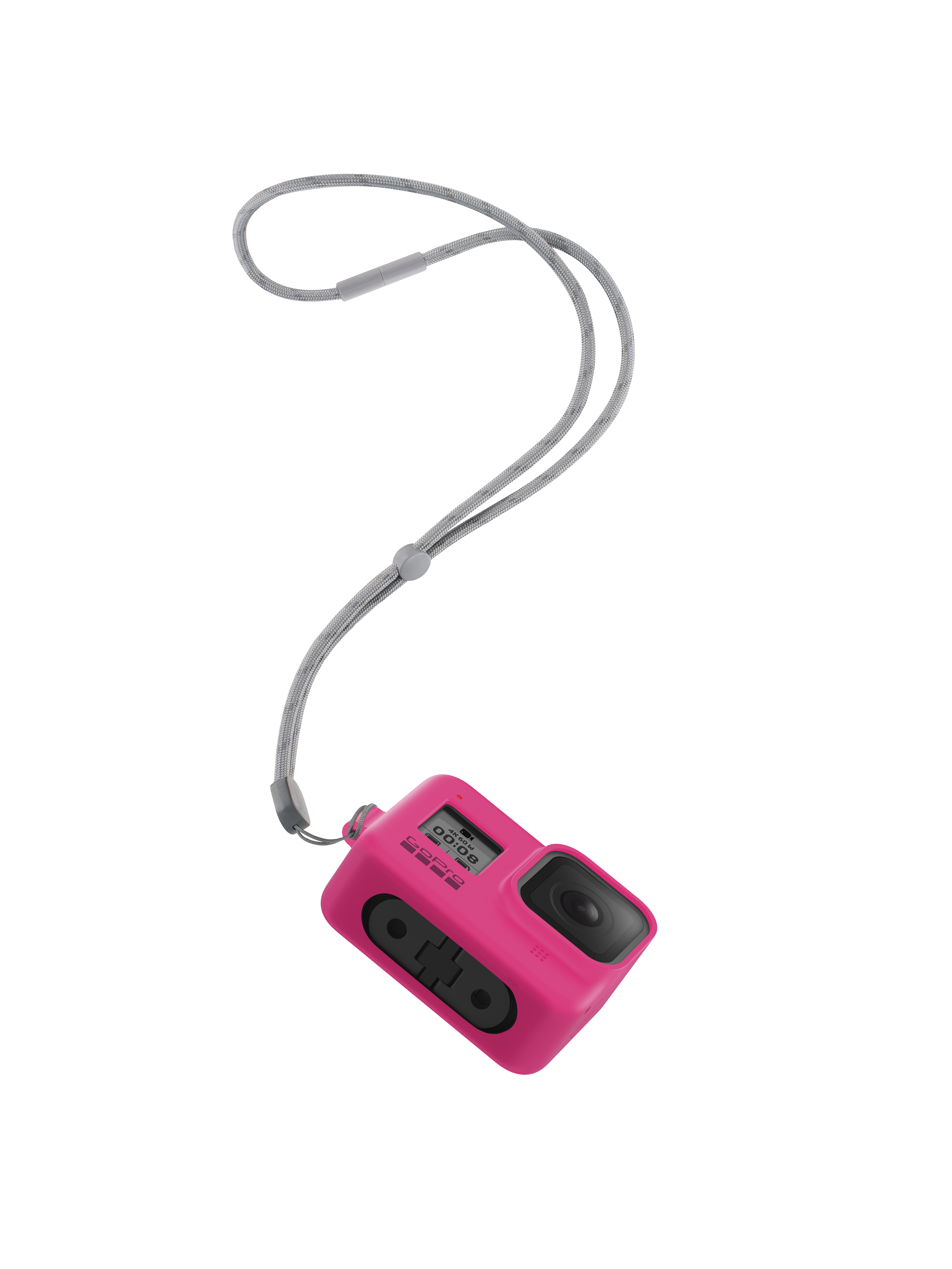 Pinke GoPro-Kamera mit grauem Gurt. Weißer Hintergrund.
