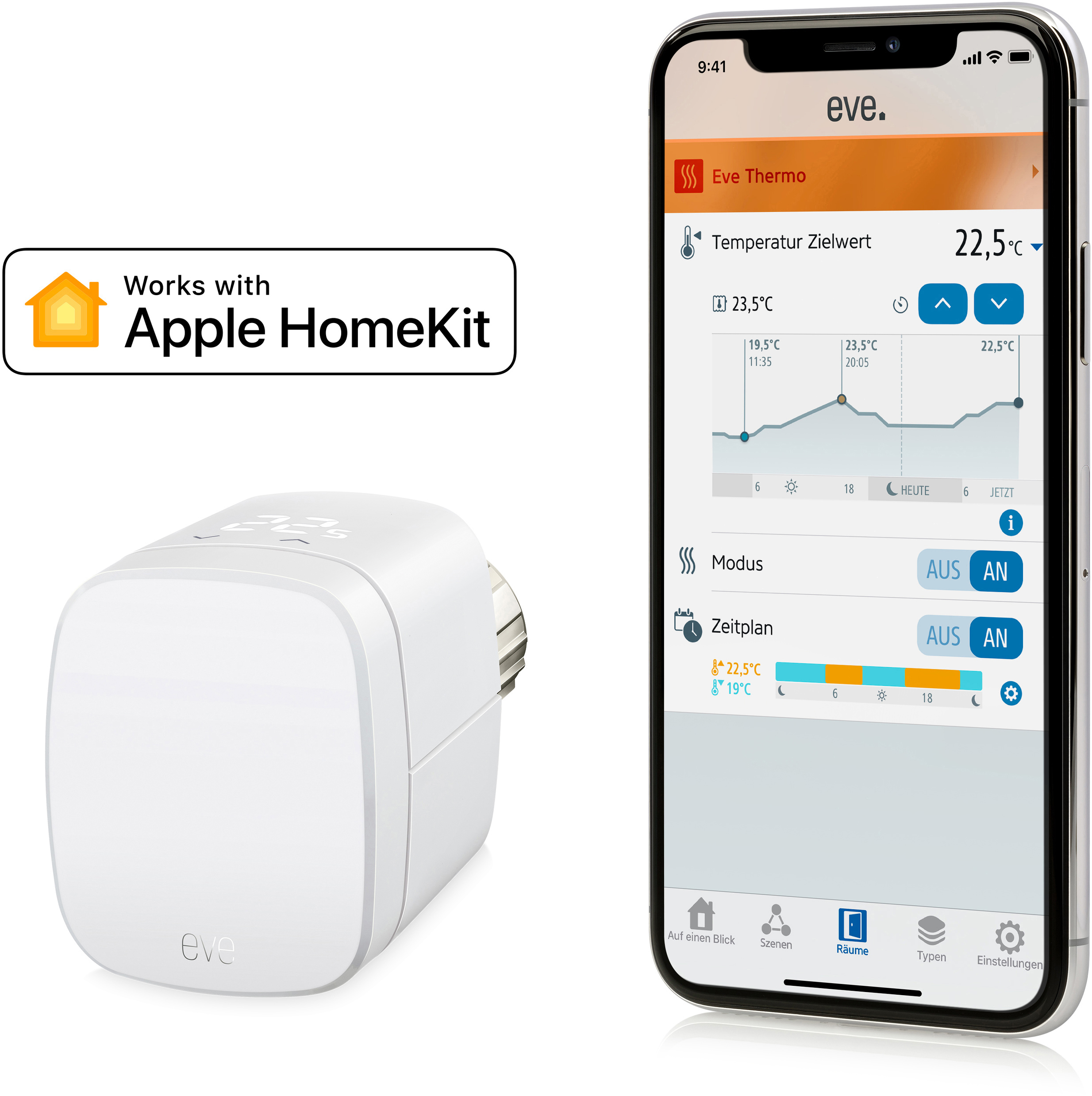 Weißes intelligentes Thermostat mit Telefon, das die App-Oberfläche zeigt.