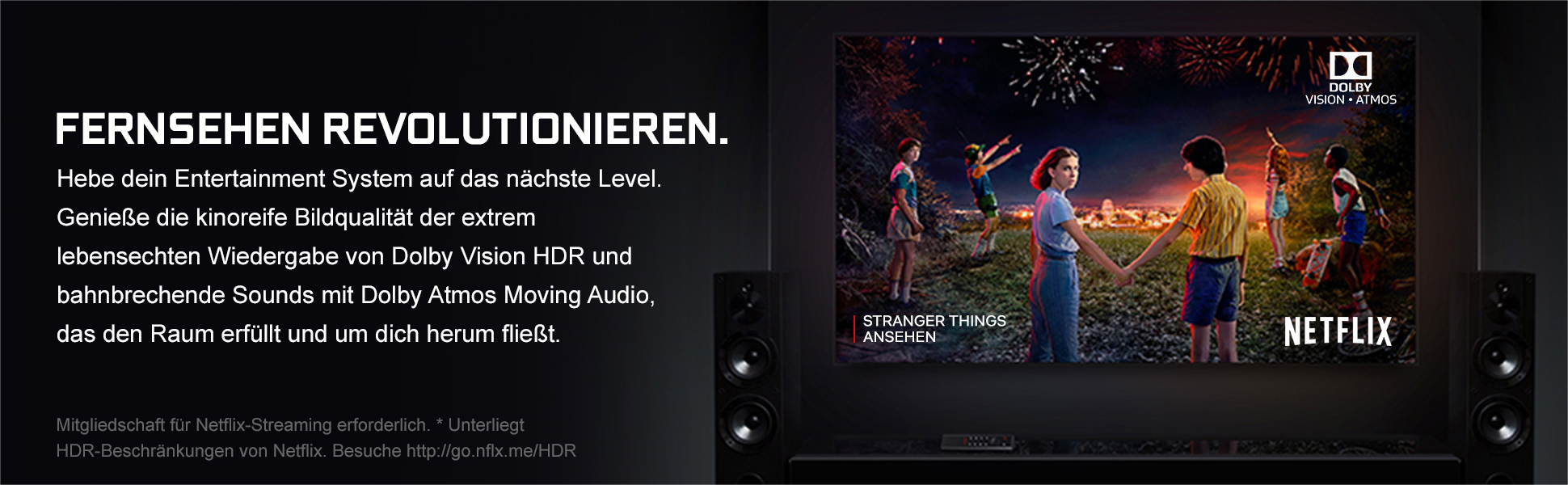 Ein Fernsehbildschirm mit einer Szene aus „Stranger Things“ und Text auf Deutsch.