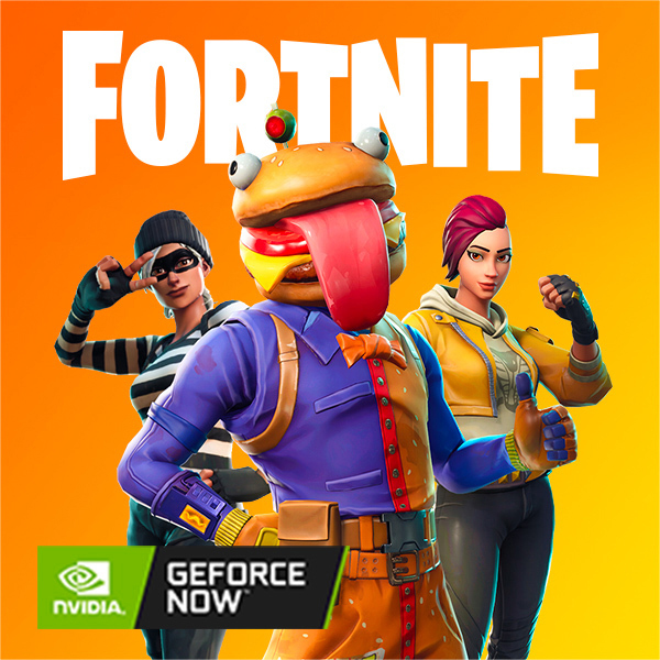 Fortnite-Werbebild. Zeigt drei Charaktere mit einem orange-gelben Hintergrund.