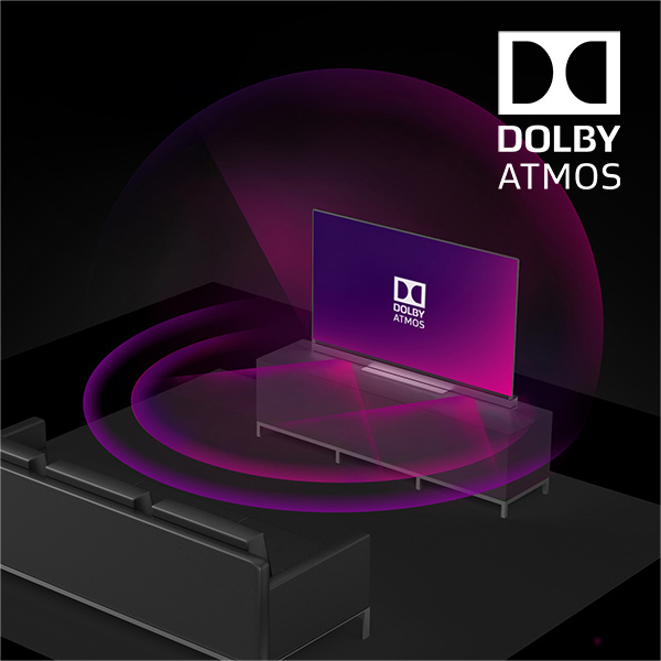 Fernseher mit lila Dolby Atmos-Grafik, umgeben von Schallbogen in einem dunklen Raum.