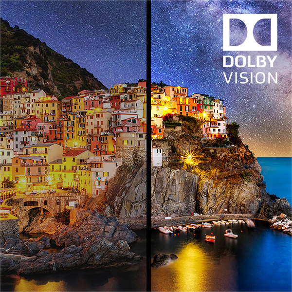 Zwei Szenen, eine von einer Stadt bei Nacht und die andere von einer Stadt, die mit Dolby Vision beleuchtet wird.