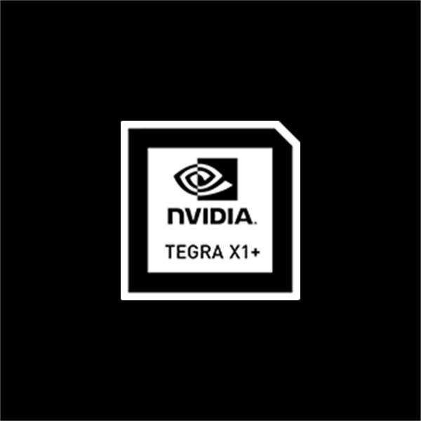 Ein weißes Quadrat mit dem Nvidia Tegra X1+-Logo auf schwarzem Hintergrund.