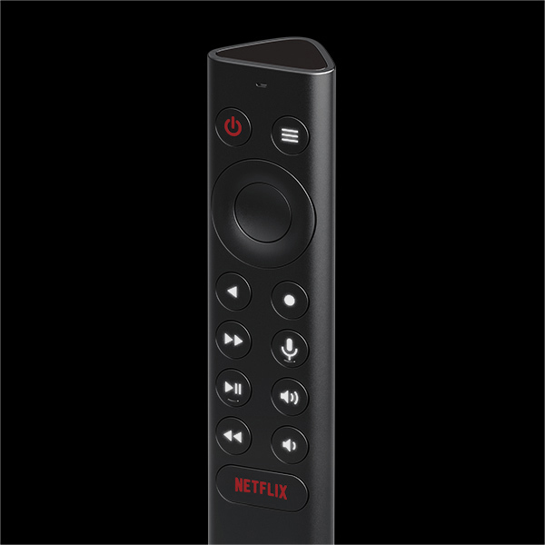 Schwarze TV-Fernbedienung mit roter Netflix-Taste. Strom- und Menütasten sind sichtbar.