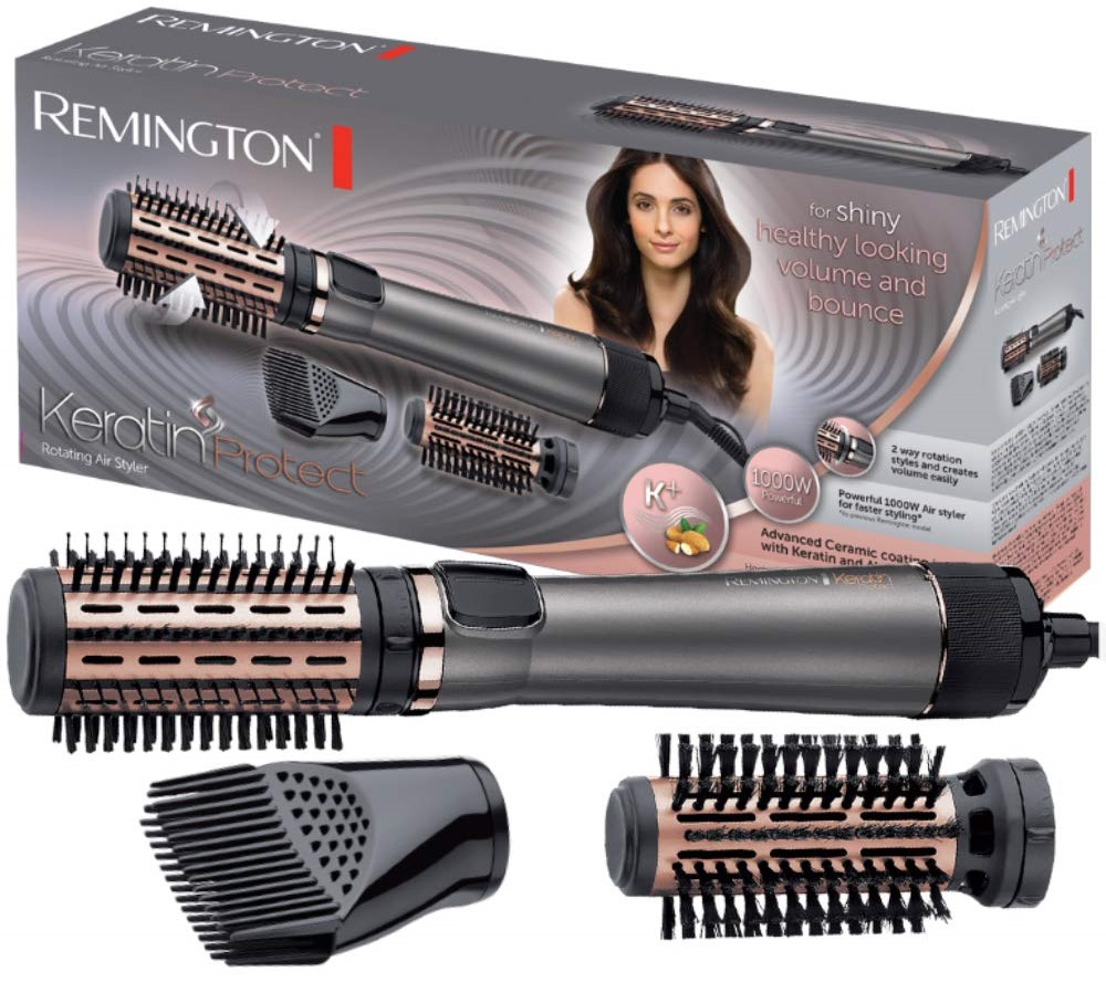 Remington Keratin Protect Haarstyler mit mehreren Aufsätzen und einer Frau auf der Verpackung.