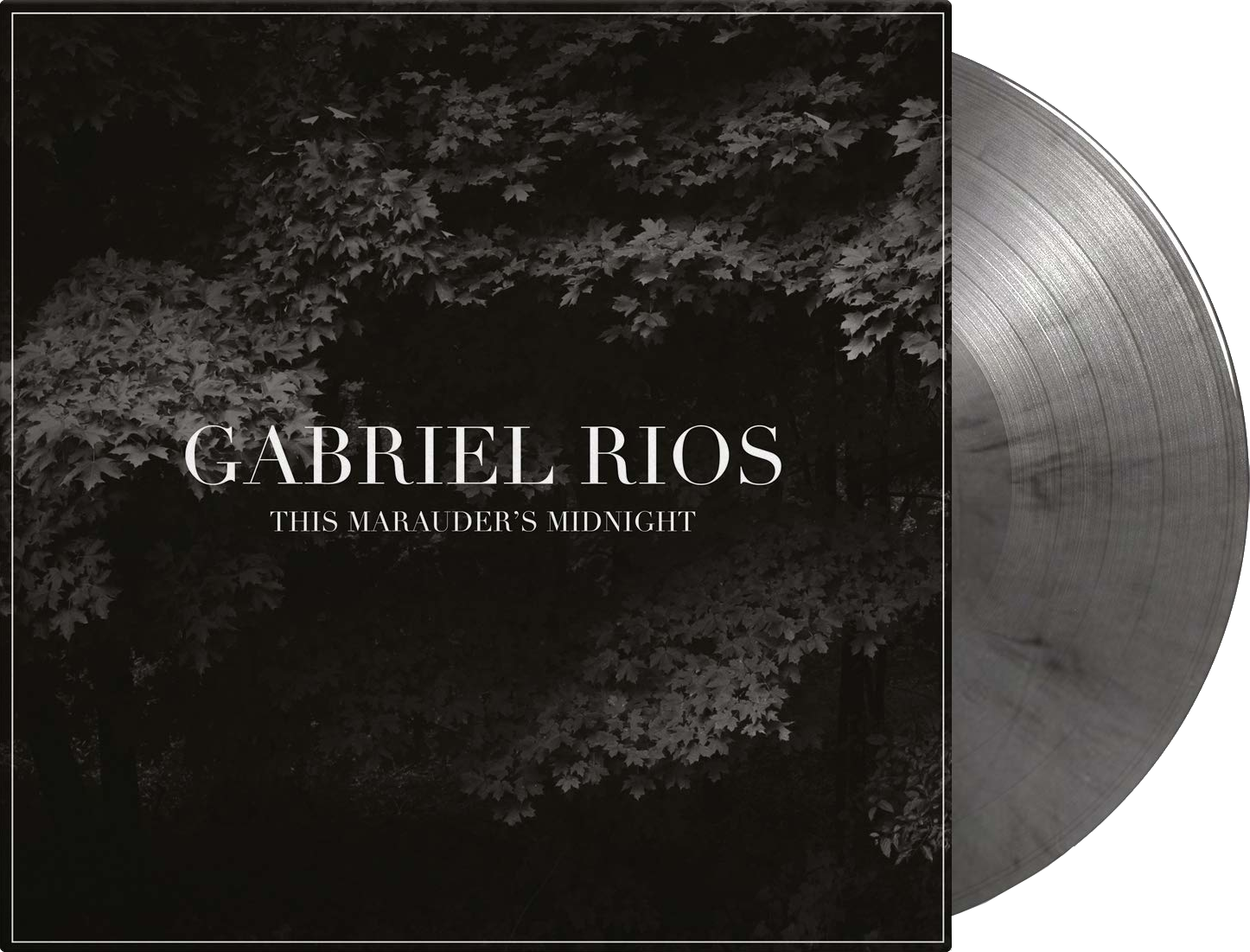 Albumhoes: Gabriel Rios, "This Marauder's Midnight." Zwart-wit, bladeren en titel.