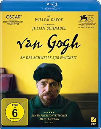 Van Gogh Filmcover. Willem Dafoe als Van Gogh. Gelber Hintergrund, blauer Rand. Text auf Deutsch.