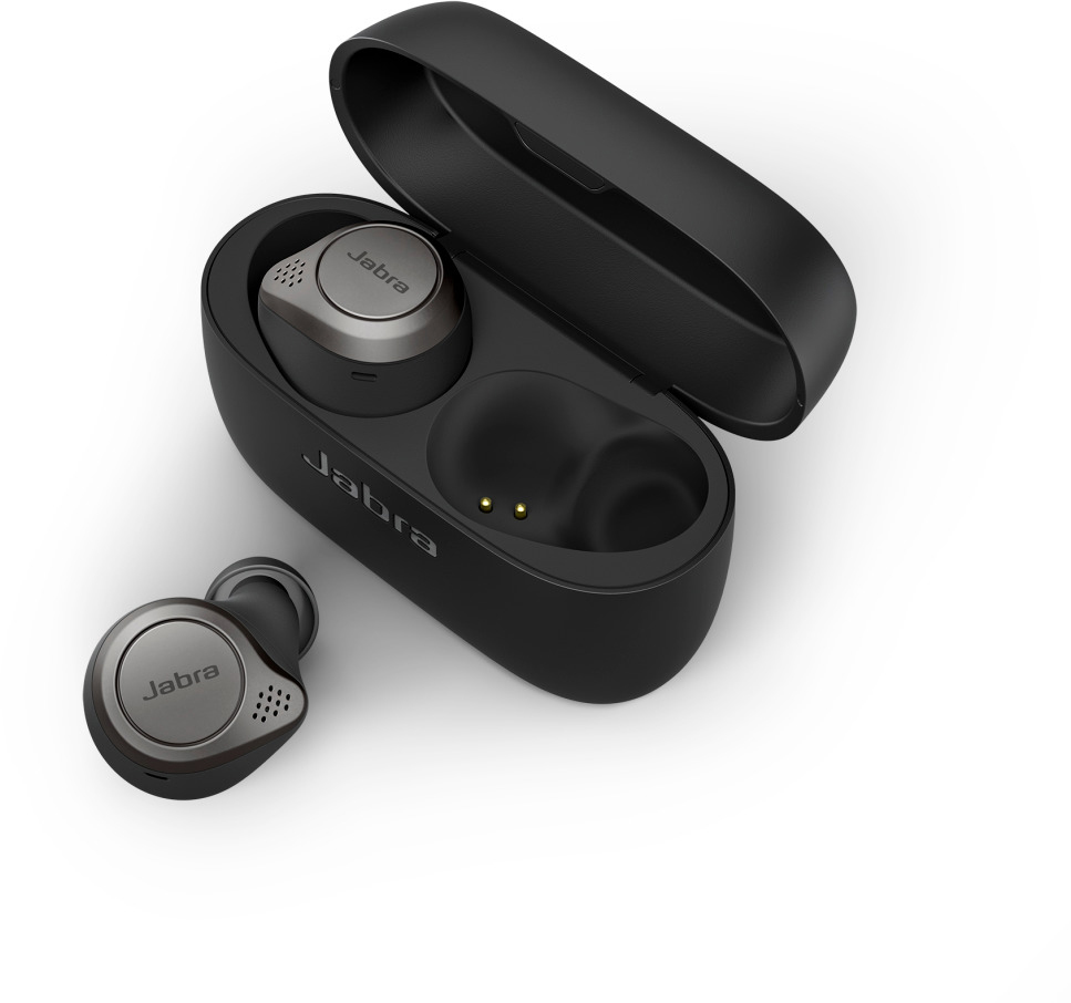 Schwarze und silberne Jabra-Ohrhörer mit Ladecase, weißer Hintergrund, Draufsicht.