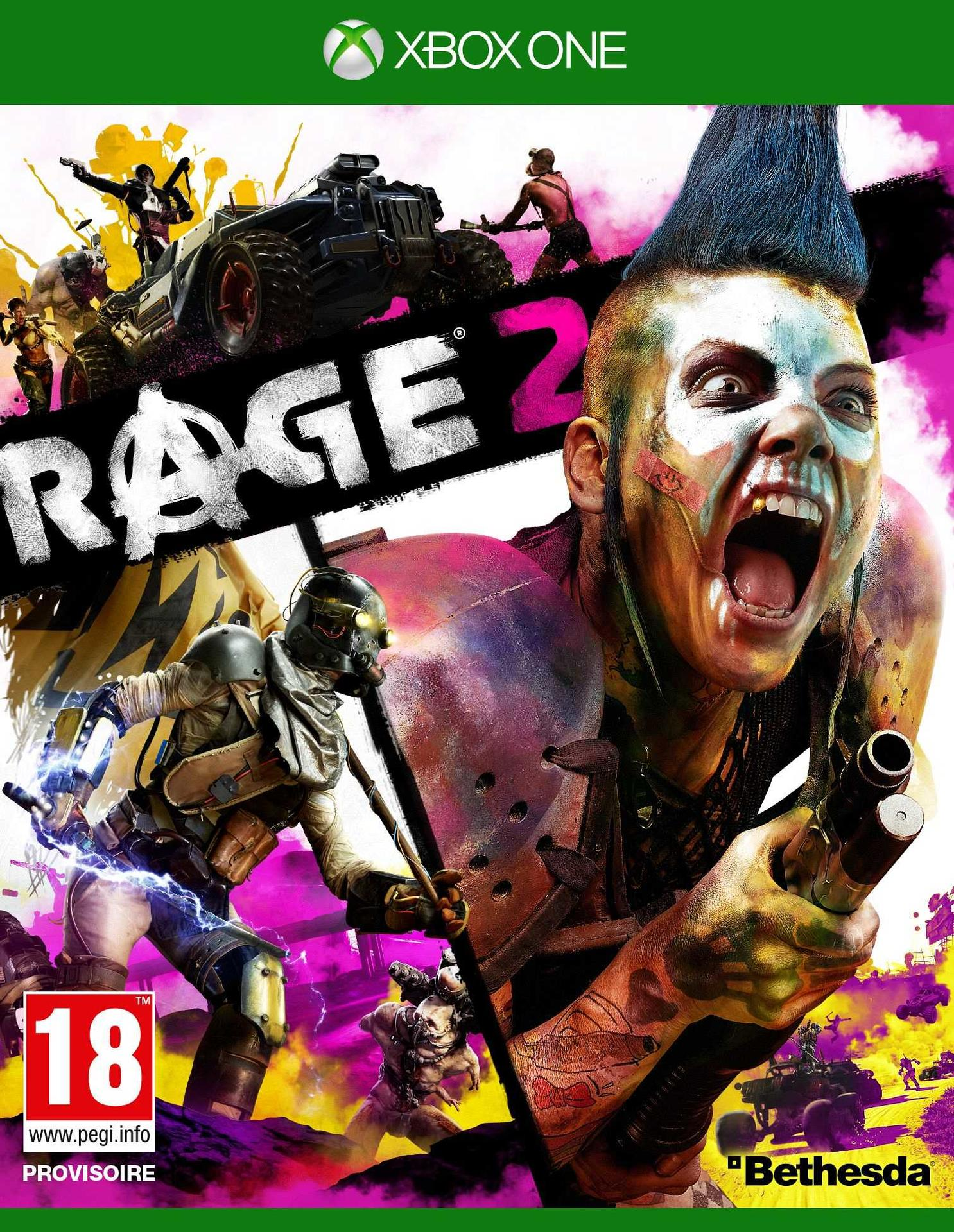 A Rage 2 játék borítója, egy kék hajú férfi, és sok akció a háttérben.