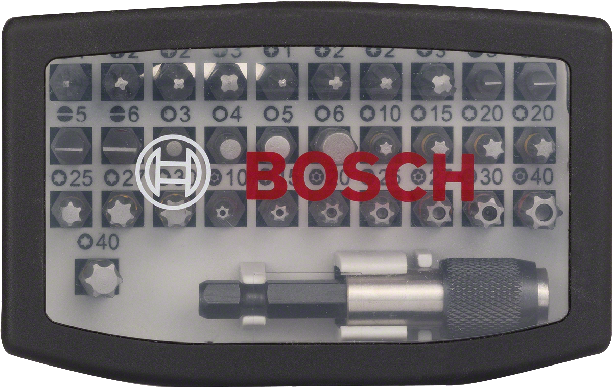 Fekete Bosch csavarhúzó bitek készlete átlátszó műanyag tokban.