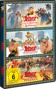 DVD-Box-Set mit drei Asterix-Filmen. Zeichentrickfiguren auf dem Cover. Buntes Design.