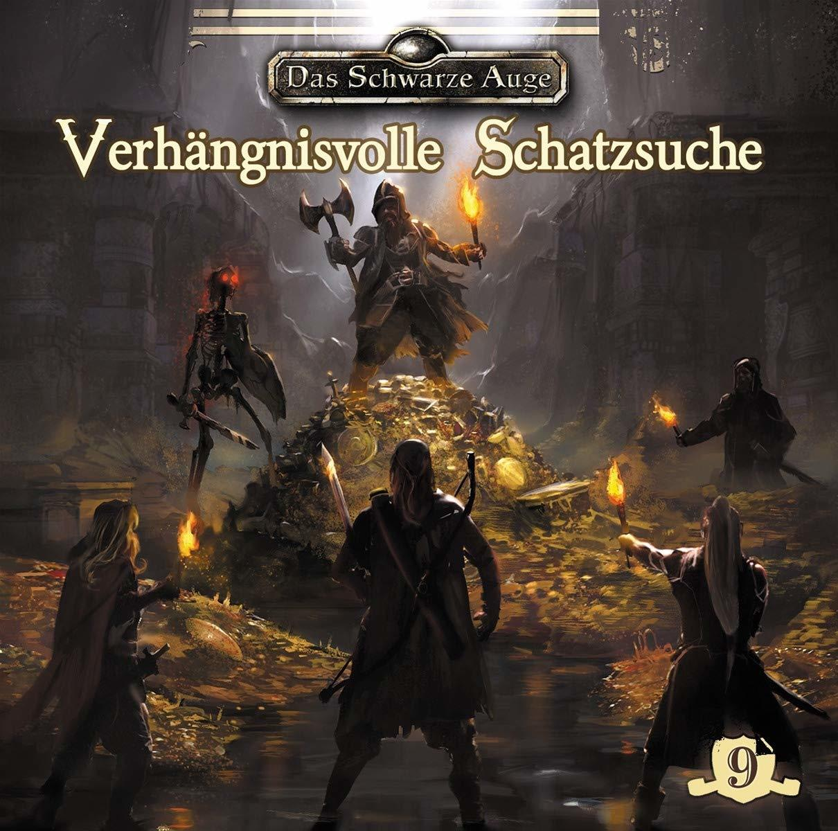 Buchcover mit einer Fantasy-Szene. Figuren um einen Schatzhaufen in dunkler Umgebung.