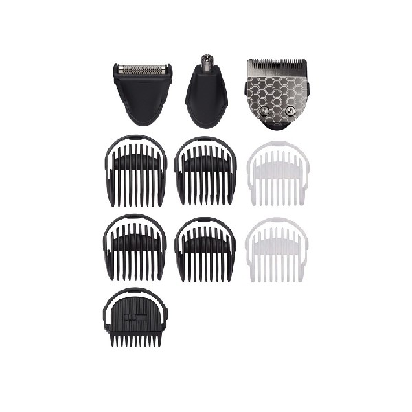 Surtido de accesorios de aseo negros, incluyendo cuchillas y peines, sobre fondo blanco.