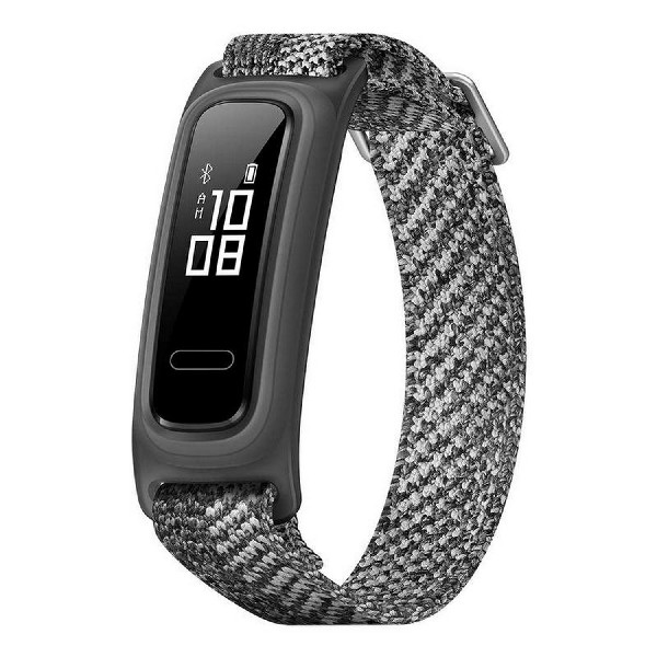 Un reloj inteligente negro y gris con una pantalla negra que muestra la hora y un porcentaje.