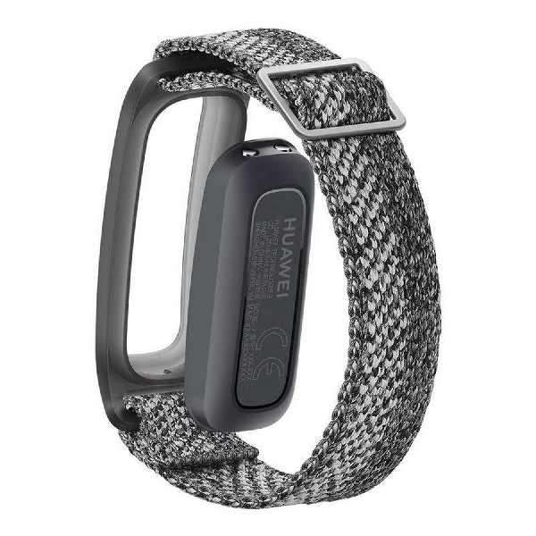 Un smartwatch Huawei con una correa gris y una carcasa negra.
