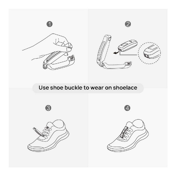 Una secuencia de cuatro imágenes que muestran cómo usar una hebilla de zapato para atar los cordones.
