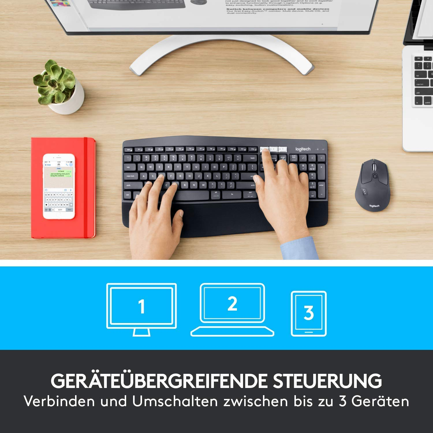 Eine Person benutzt Tastatur und Maus mit Telefon und drei Geräte-Symbolen im Hintergrund.