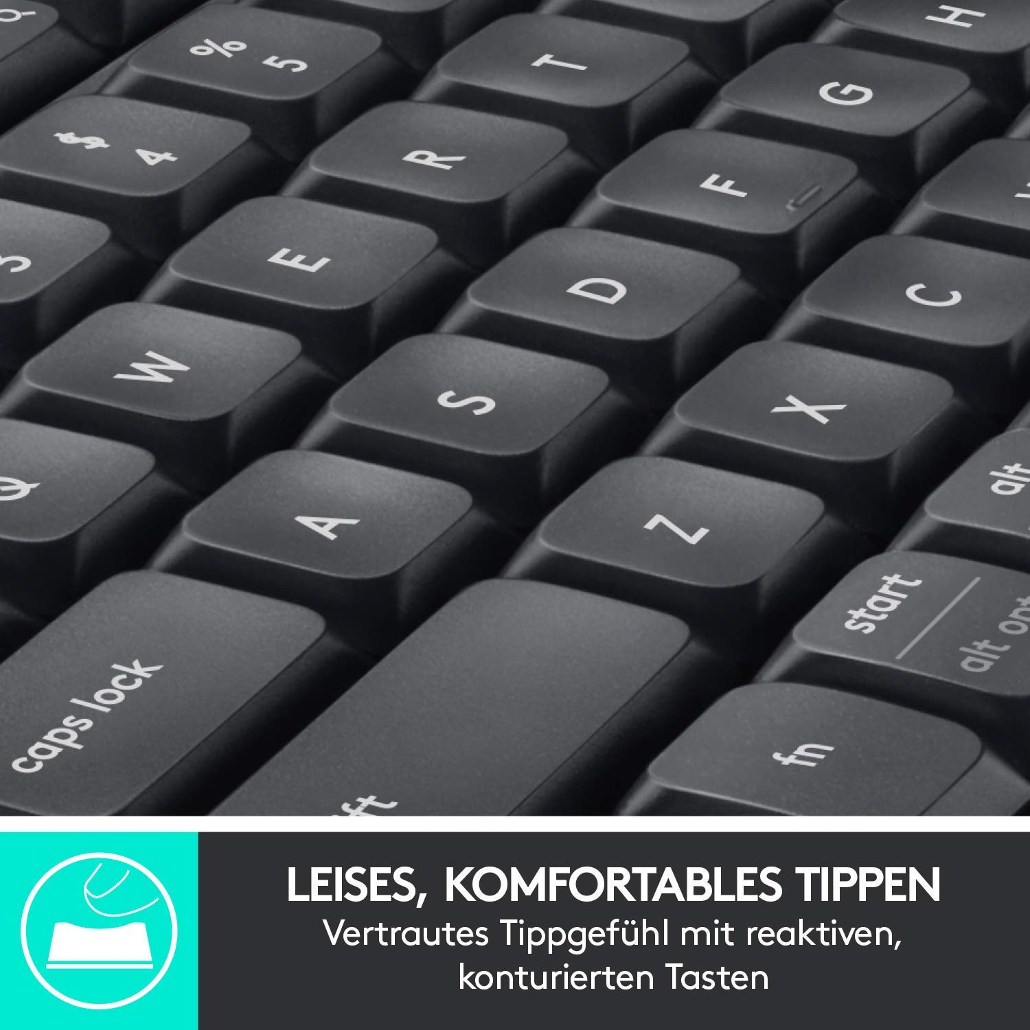 Nahaufnahme einer Tastatur. Sie ist schwarz mit weißen Buchstaben und Symbolen auf den Tasten.