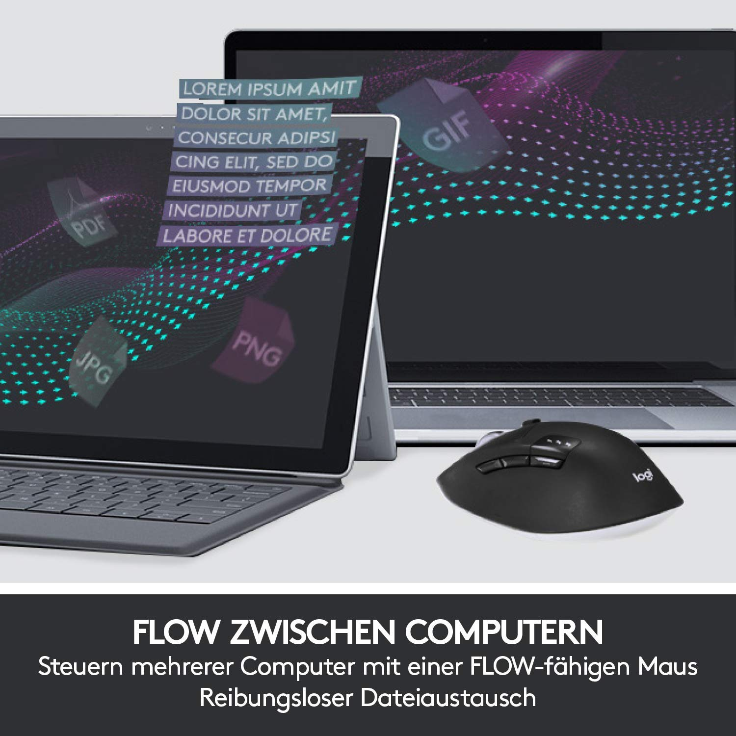 Zwei Laptops mit einer Maus, die Text und Dateisymbole anzeigen.