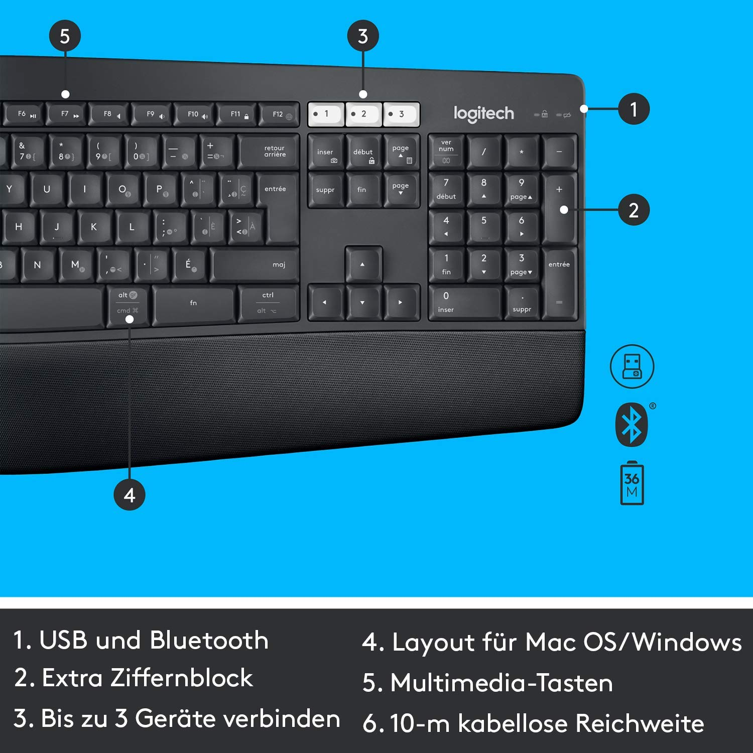 Schwarze Tastatur mit zusätzlichen Zifferntasten, beschriftet. Die Tastatur hat eine schwarze Handballenauflage.