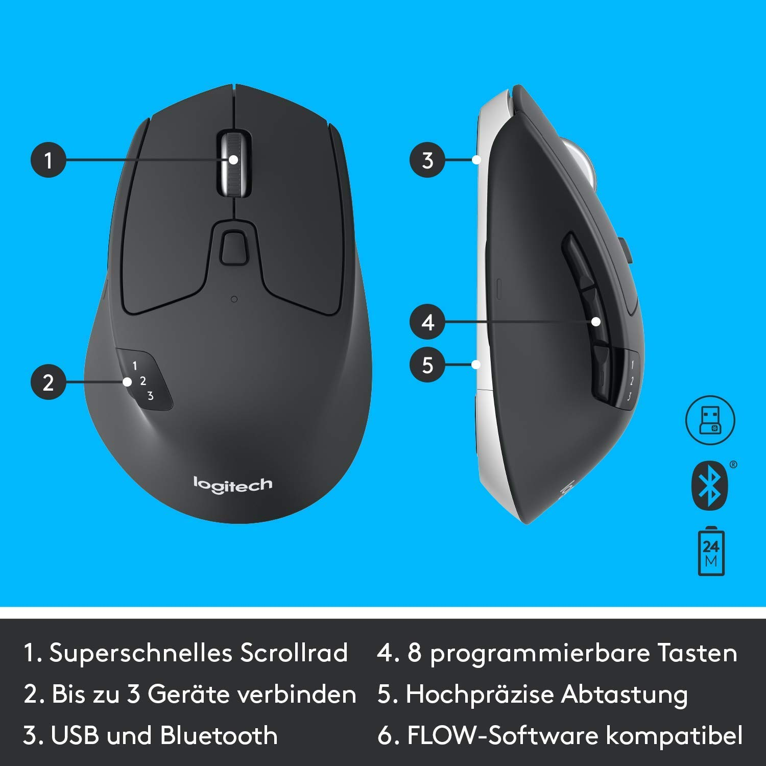 Logitech-Maus mit Tasten und Beschriftungen. Nummerierte Tasten, Scrollrad und Bluetooth-Symbole.