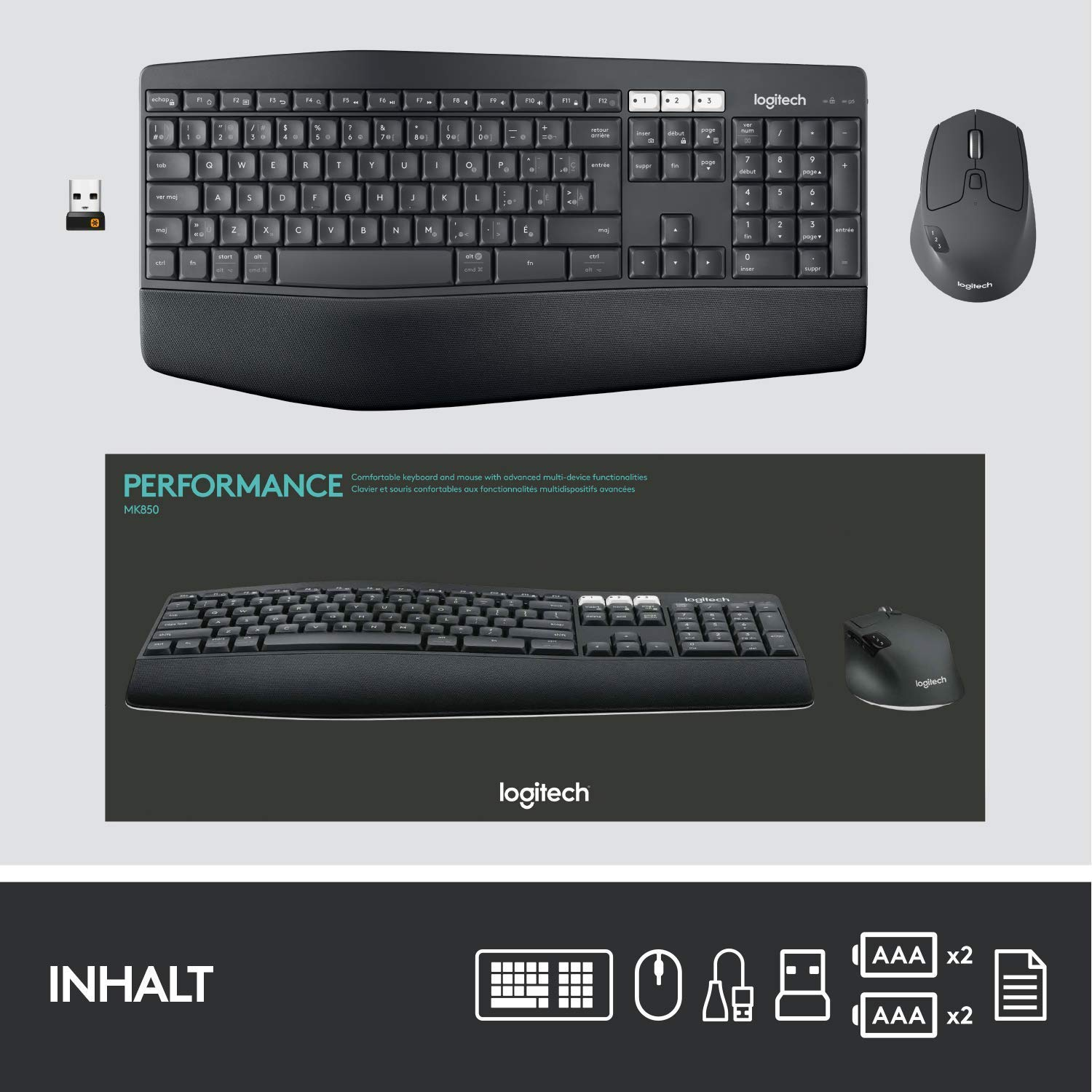 Ein schwarzes Tastatur- und Maus-Set. Die Tastatur hat ein geschwungenes Design und die Maus ist ergonomisch.