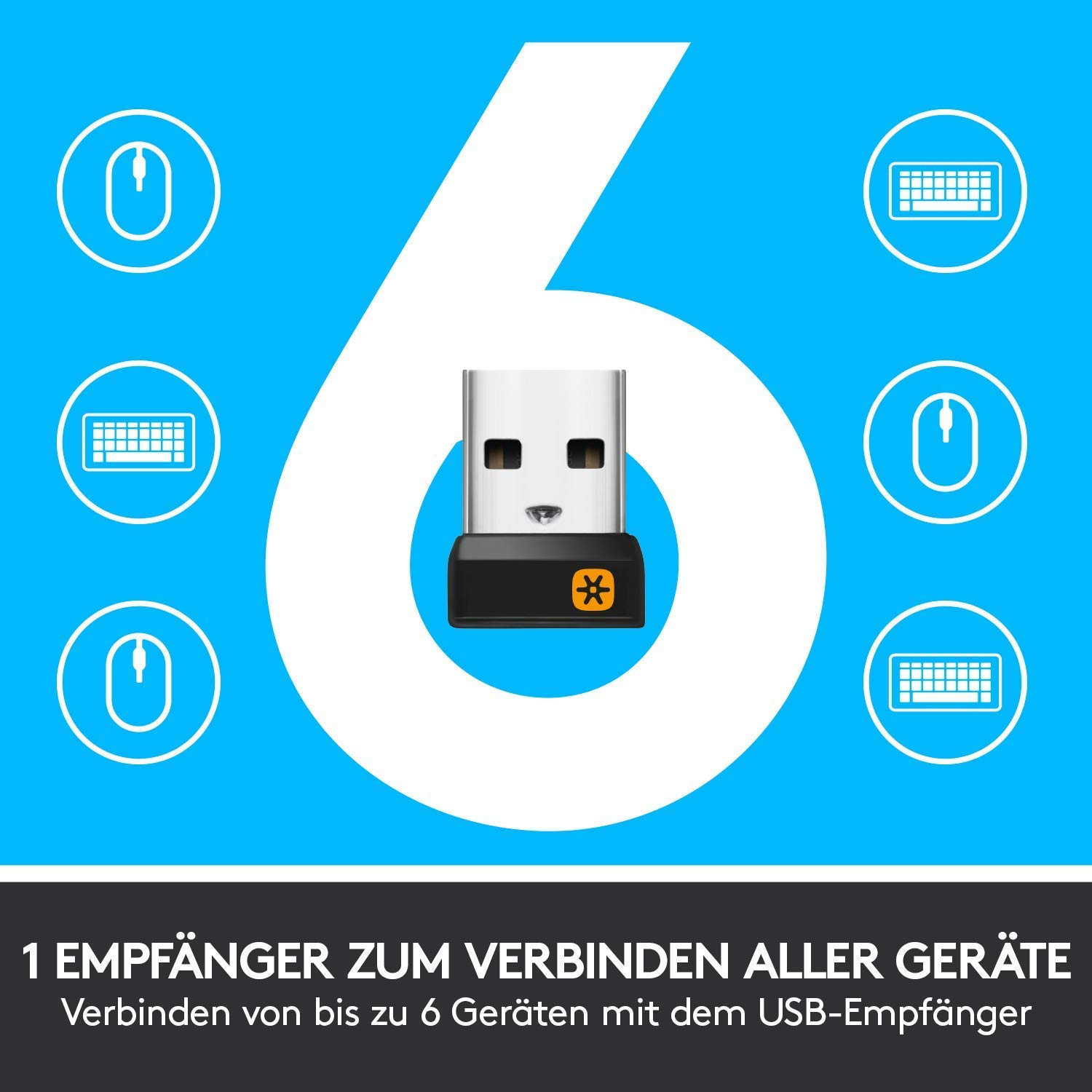 Ein USB-Empfänger mit schwarzer Basis, umgeben von Tastatur- und Maus-Icons.