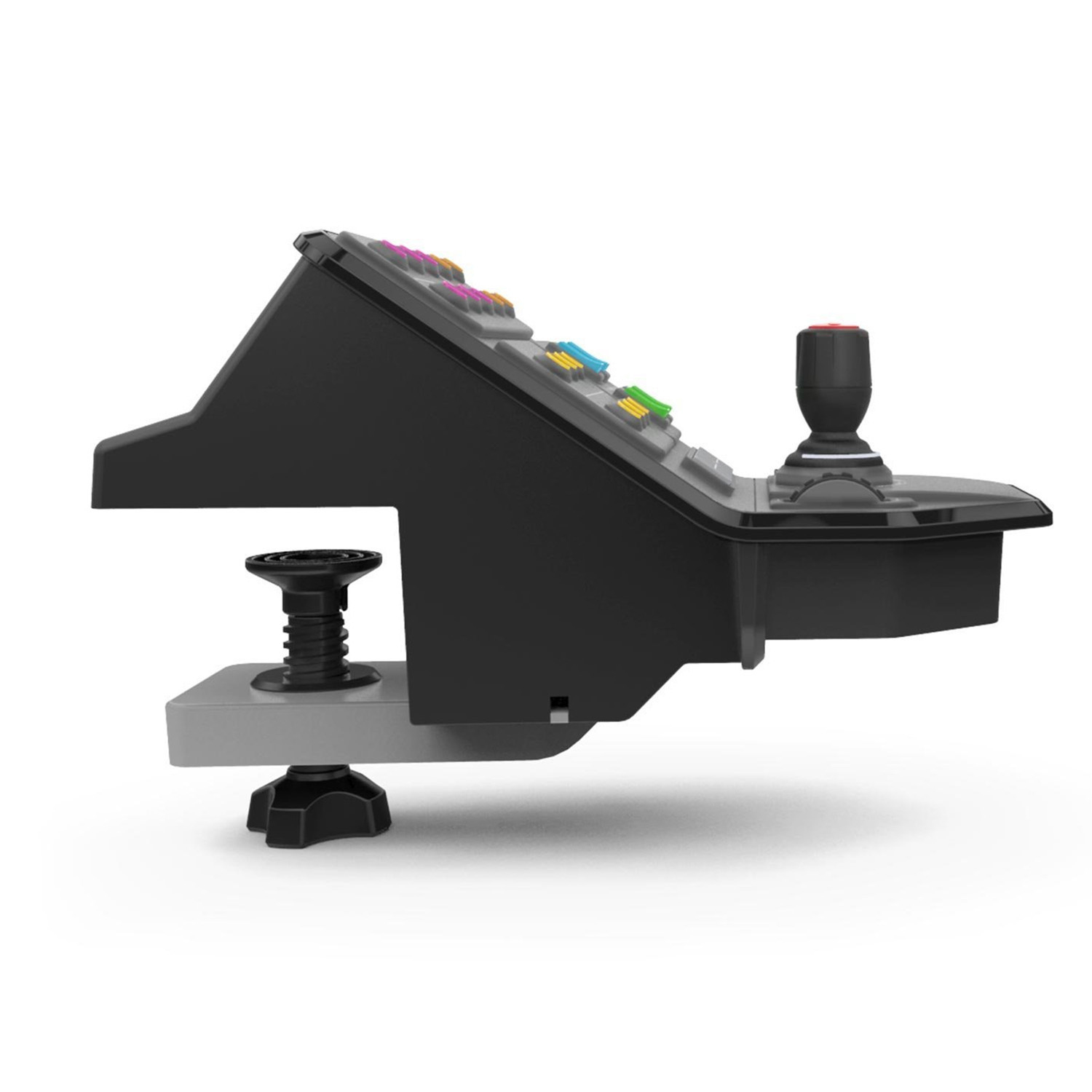 Schwarzer Gaming-Joystick mit farbigen Tasten und Klemme.
