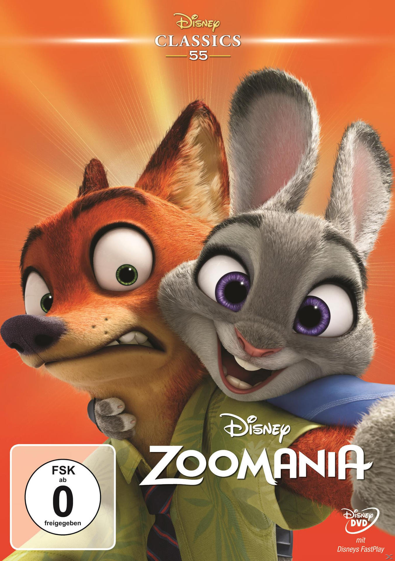 Disney's Zootopia DVD-Cover. Zeigt einen Fuchs und ein Kaninchen, die sich umarmen. Der Titel lautet 'ZOOMANIA'.