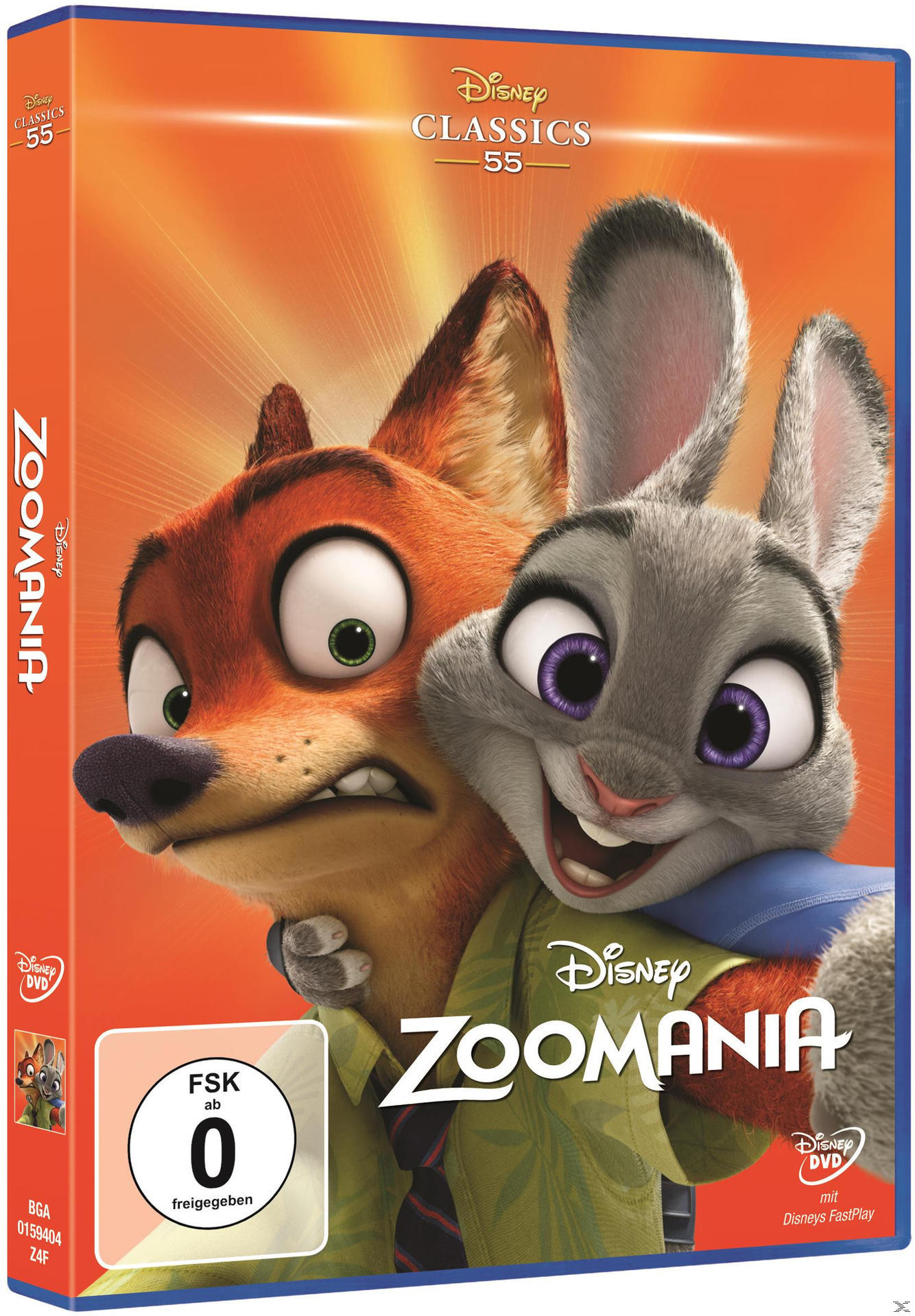 DVD-Cover mit Zootopia-Charakteren. Ein Fuchs und ein Hase vor orangefarbenem Hintergrund. Disney-Logo.