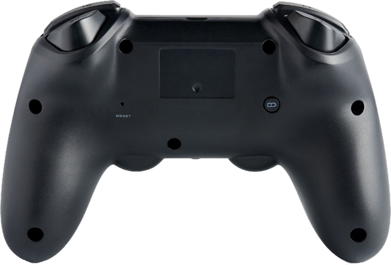 Dos d'une manette de jeu noire avec des boutons et des poignées.