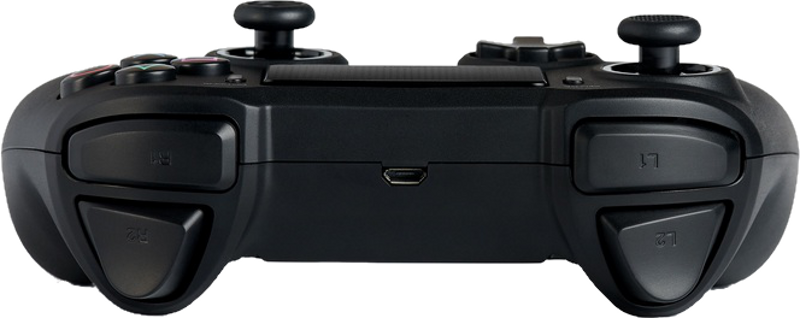 Une manette de jeu noire avec des boutons, des gâchettes et des joysticks. Vue d'en bas.