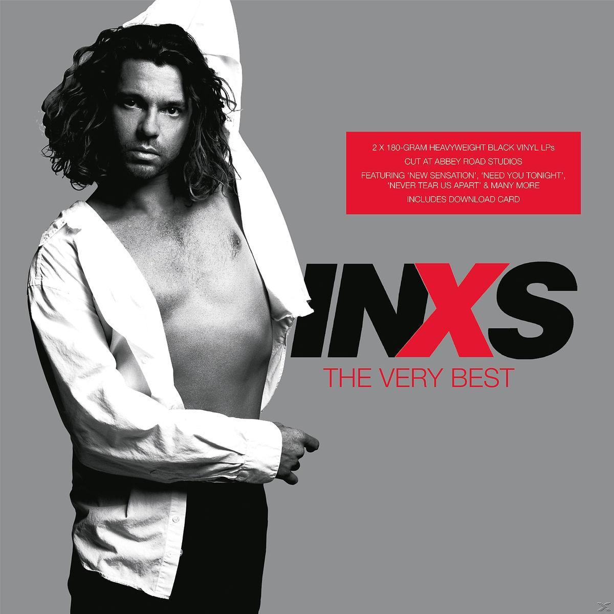 Album borító, férfi nyitott ingben, szöveg: INXS, The Very Best.