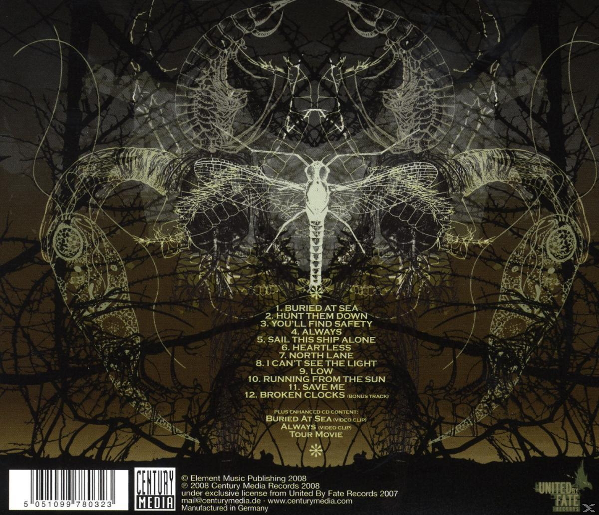 CD-Cover mit Songtiteln und Texten, dunkler Hintergrund mit abstraktem Design und Text.