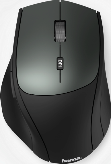 Eine schwarze Computermaus. Sie hat ein Scrollrad und eine DPI-Taste. Der Markenname 'hama' ist sichtbar.