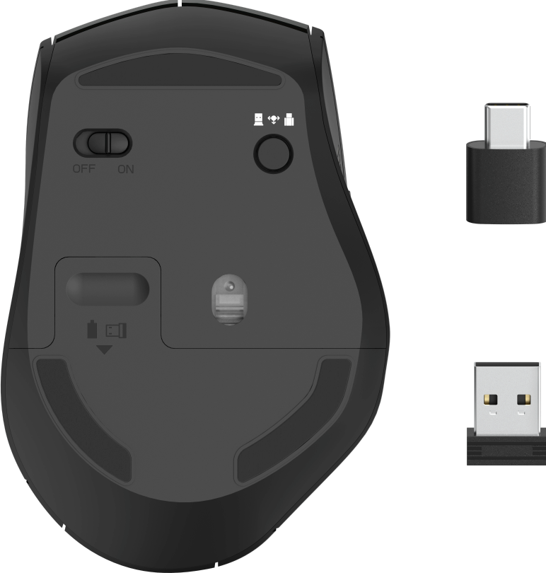 Schwarze Maus mit Ein-/Ausschalter, Batterieanzeige und USB-Empfänger.