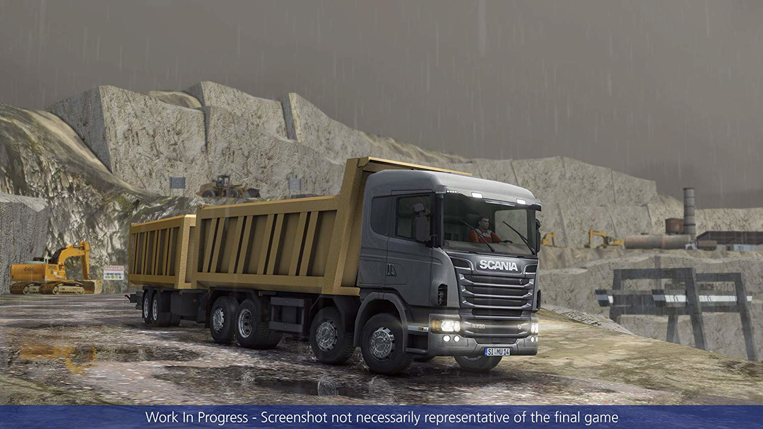 Grand camion Scania roulant sur une route mouillée dans une zone de construction.
