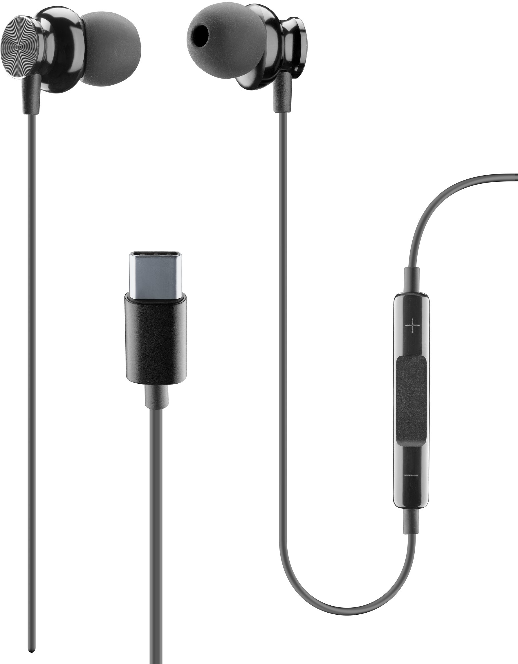 Écouteurs noirs avec connecteur USB-C et module de commande, isolés sur blanc.