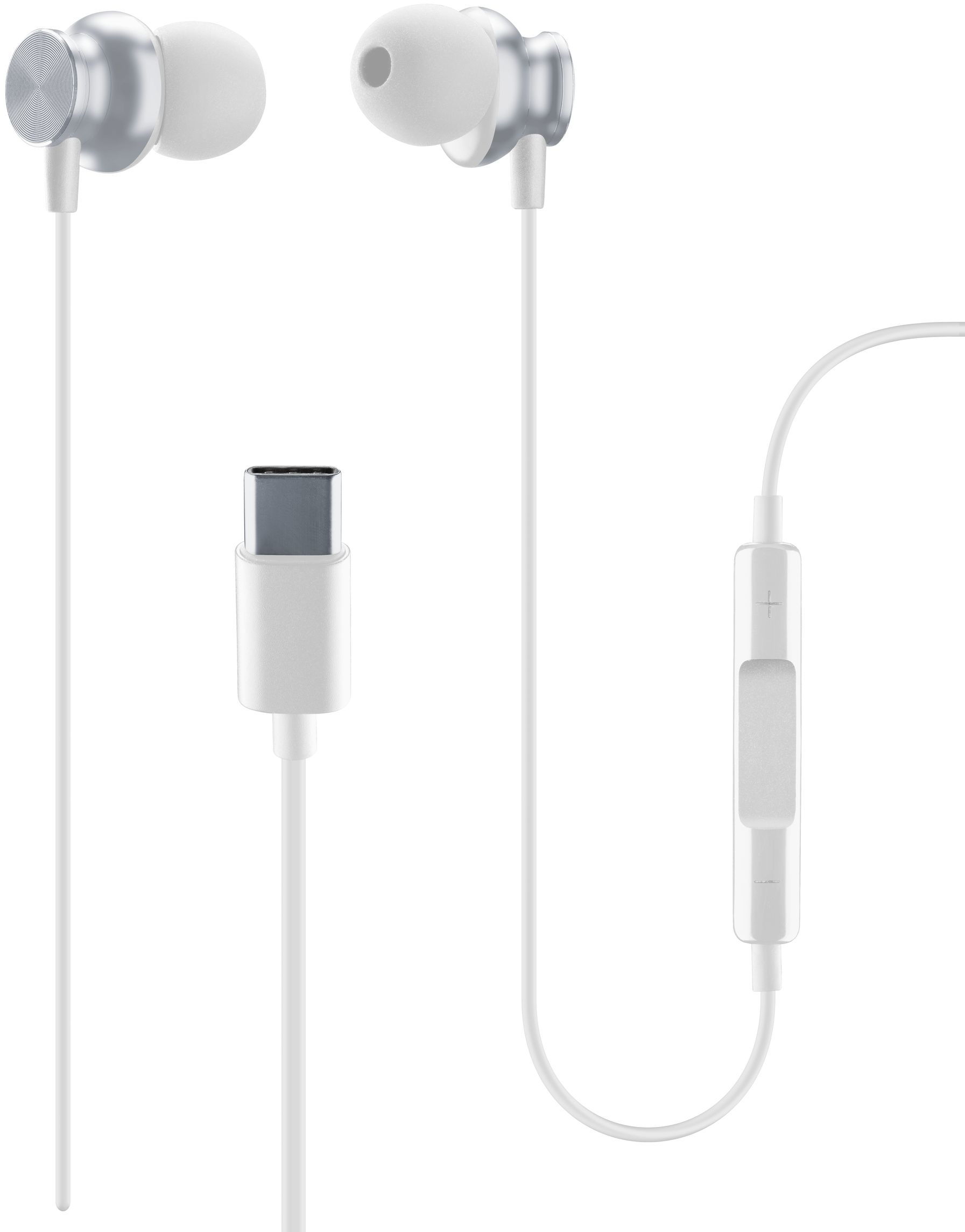 Écouteurs blancs avec un câble blanc et un connecteur USB-C.
