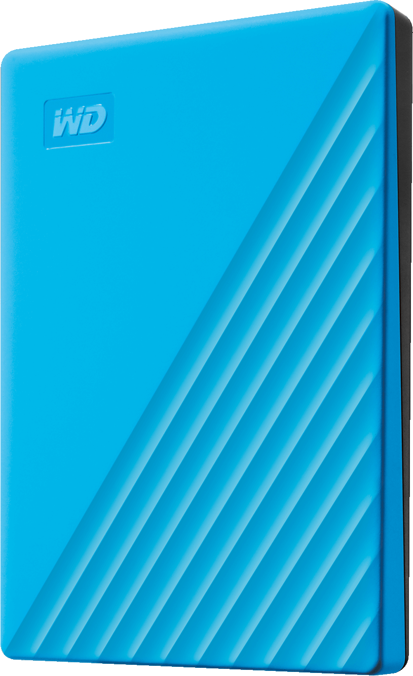 Disque dur externe WD bleu. Lignes inclinées sur la face avant. Panneau latéral noir.