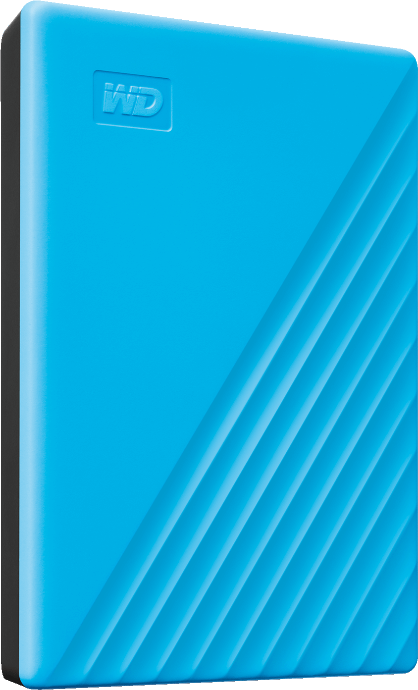 Disque dur portable bleu avec lignes diagonales. Le logo WD est visible.