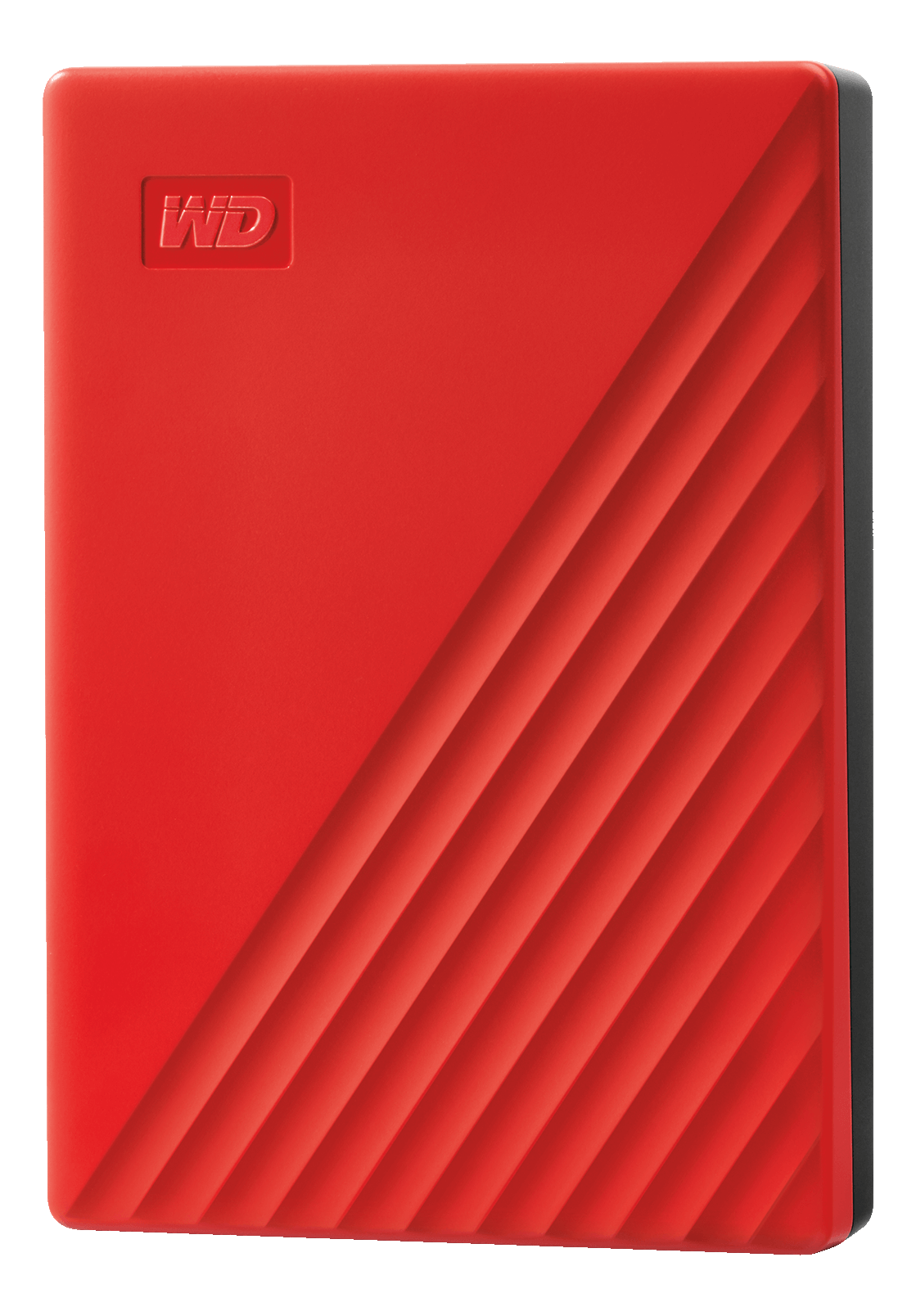 Disque dur externe rouge. L'appareil a un design texturé avec le logo WD visible.