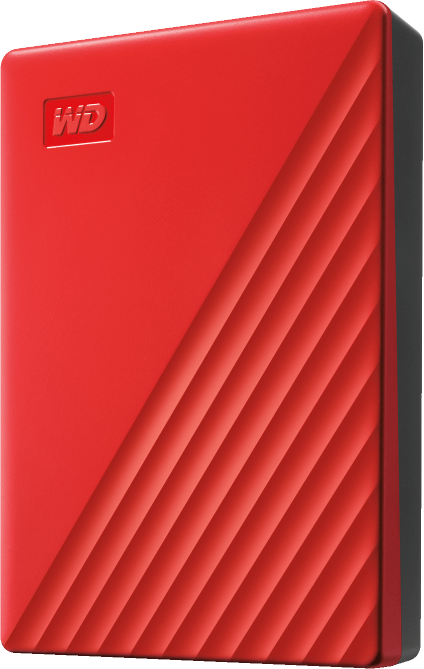 Disque dur portable WD rouge avec lignes diagonales sur le devant et côtés noirs.