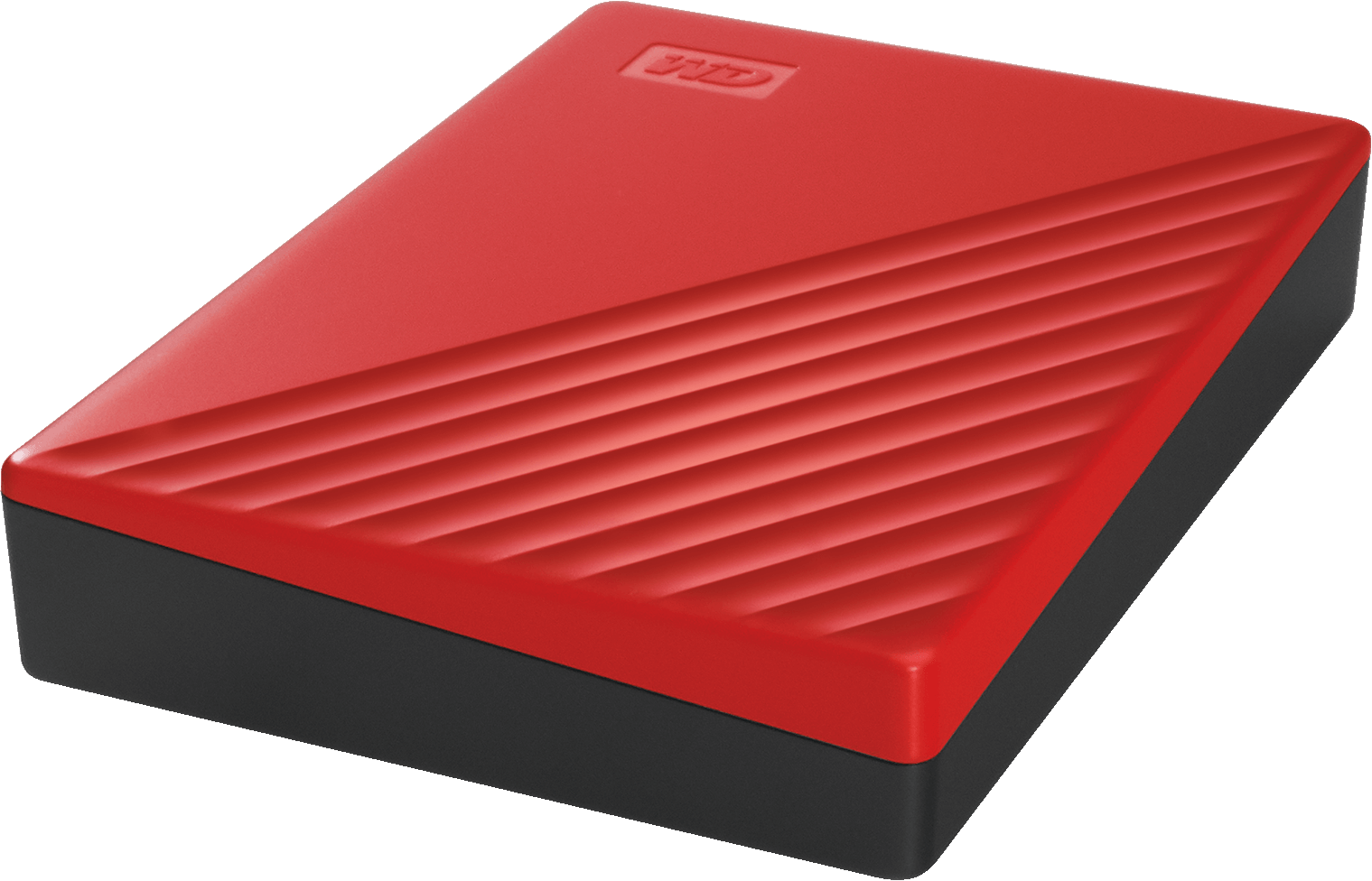 Un disque dur externe WD rouge et noir avec le dessus strié et le logo WD.